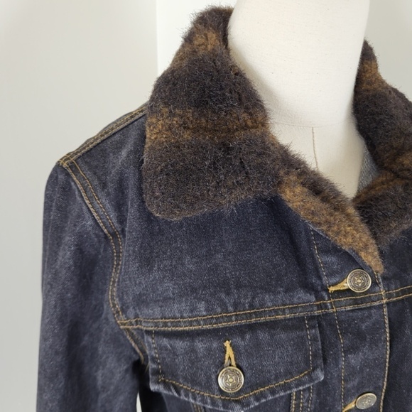 Y2K Denim Jacket Fur Lined Collar Button Up Down Long Sleeve Dark Wash - Picture 7 of 14
